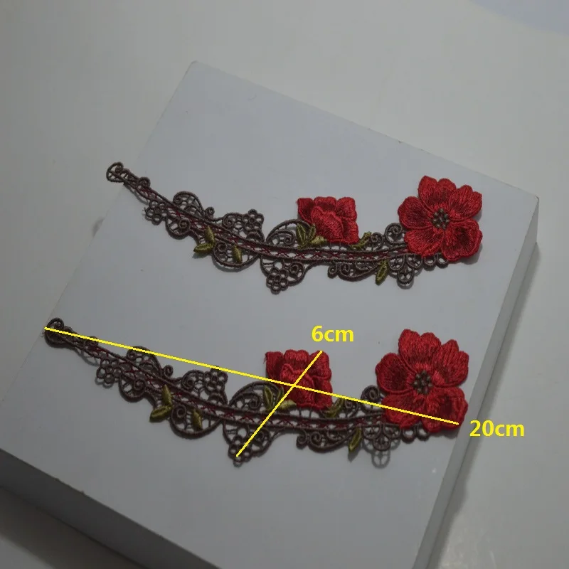 2 шт./лот) красный цветок темно-зеленый лист Вышивание цветочный мотив Венеция Кружева Аппликация для одежды с кружевом и вышивкой патчи 2018082403