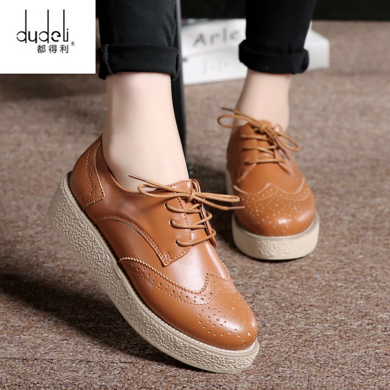 

DUDELI Brand 2019 Spring Women Platform Shoes Woman Brogue PU Leather Flats Lace-up Footwear Female Flat Oxford Shoes For Women