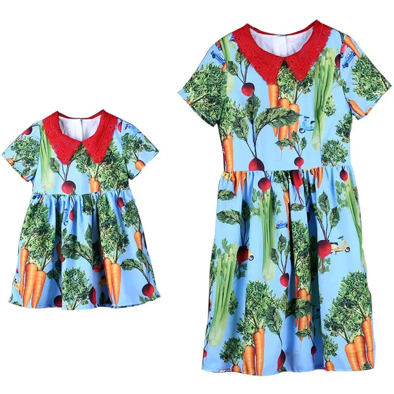 

Mother Daughter Lace Dresses Mom Girls Fruit Print Dress for Party Mommy Girl Twinning Daily Dress Vestidos Family Match Outfits