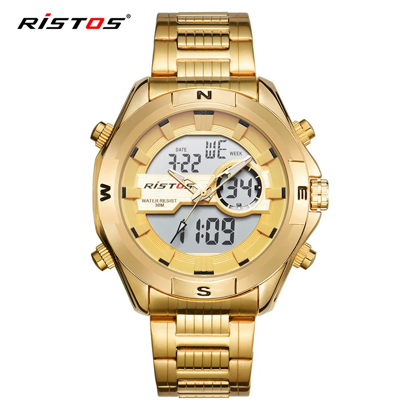 RISTOS мужские модные часы Relojes Masculino Hombre многофункциональные мужские спортивные часы с хронографом цифровые аналоговые наручные часы Топ 9369 - Цвет: Gold