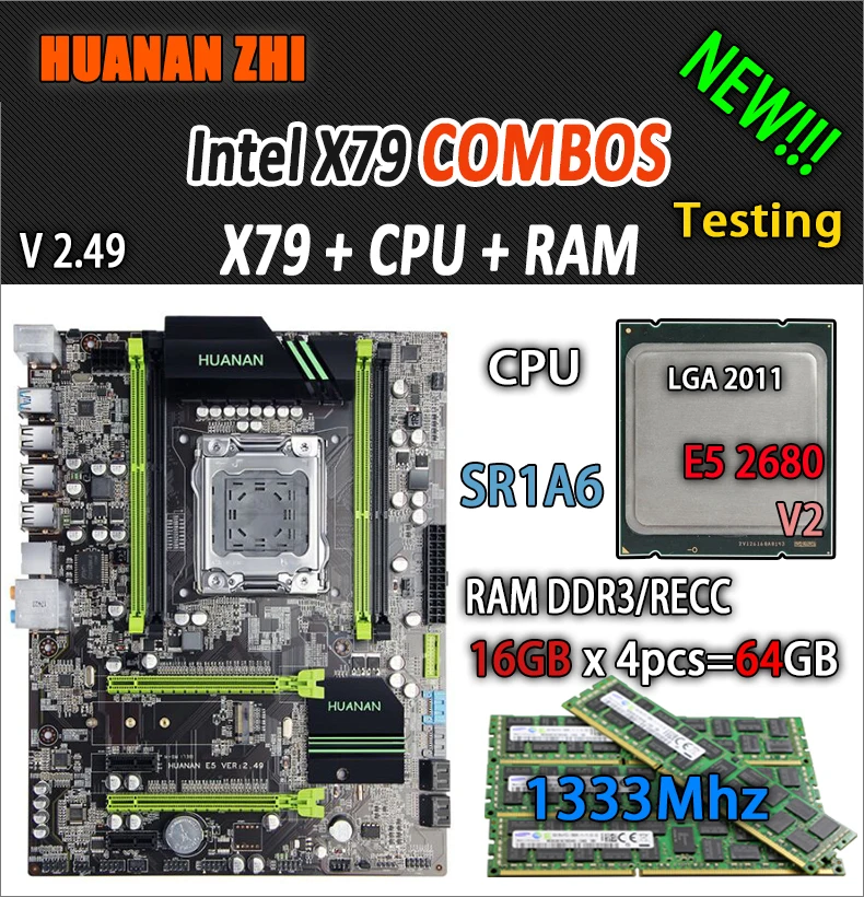 HUANAN ZHI V2.49 X79 материнская плата LGA2011 ATX combos E5 2680 v2 SR1A6 4x16 Гб 64 1333 МГц USB3.0 SATA3 PCI E NVME M.2