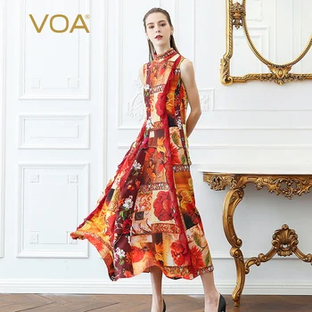 

VOA Silk Beach Dress Women Party Long Dresses Floral Print Summer Casual Ruffles Tank Sleeveless Multicolor A390