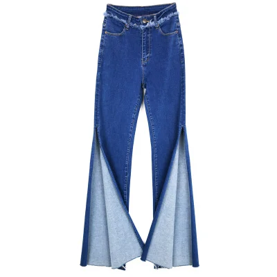 Два боковых Разделение Рваные джинсы Для женщин стрейч джинсовая Flare Брюки Повседневное Slim Fit Синие джинсы летние длинные брюки Высокая талия ковбой - Цвет: Синий