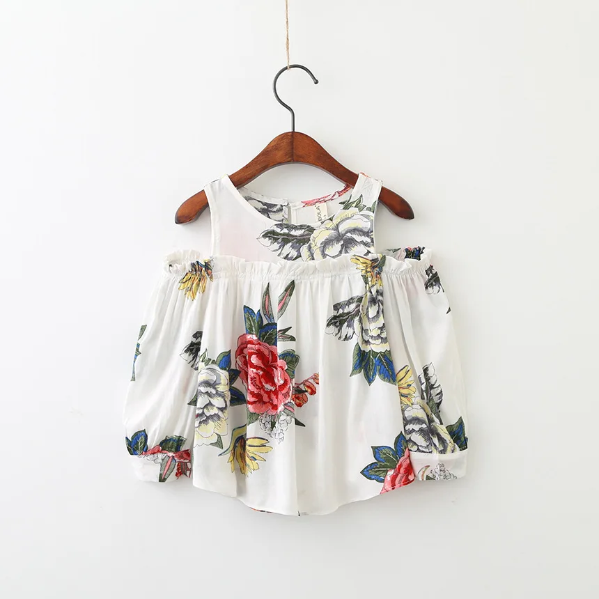

School Girls Blouse Shirts vintage floral Kids cotton shoulderless Blouses breathable Children tops 2-7y baby Clothes