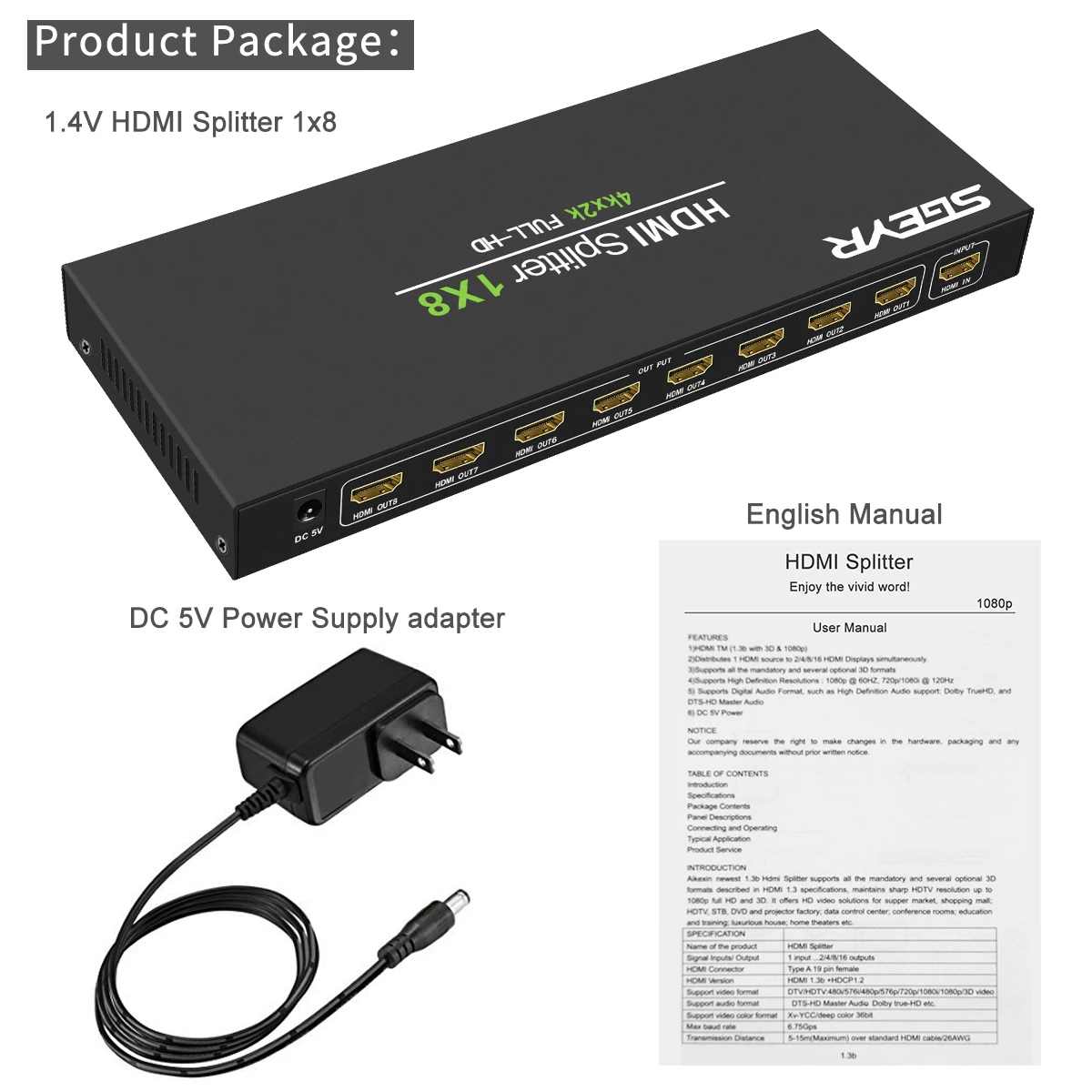 1x8 Питание V1.4 Сертифицированный HDMI Splitter 1 в 8 с Full Ultra HD 4 K/2K @ 30 Гц и 3D разрешения-1 источник на 8 отображает