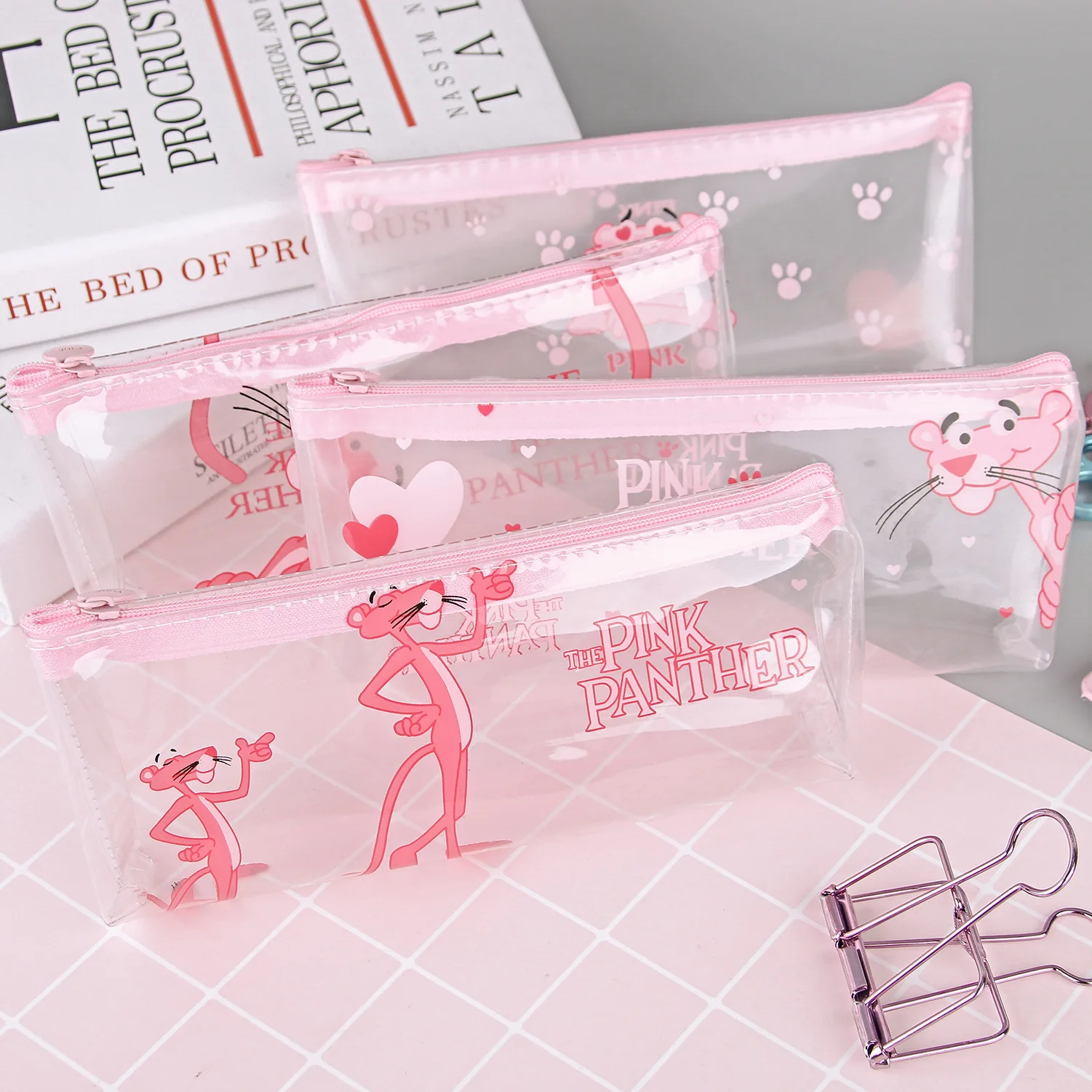 Прозрачный чехол-карандаш с рисунком из мультфильма Kawaii, Розовая пантера, большая сумка-карандаш для девочек, для детей, для офиса, школы, канцелярские принадлежности