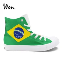 Вэнь дизайн Флаг Бразилии птица зеленый Крылатый Ара ручная роспись обувь высокие мужские женские парусиновые кроссовки на заказ плимсоллы