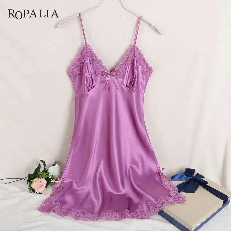 Ropalia Sexy Silk Satin Night Dress Sleeveless Nighties V Neck 
