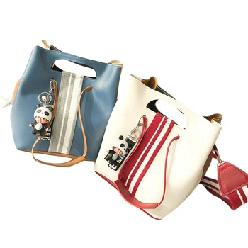 

Bags For Women 2019 Fashion Girls Casual Simple Ribbon Patchwork Shoulder Bucket Bag Cute Panda Doll Pendant PU Leather