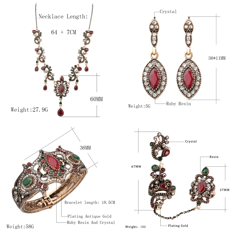 Luxus-4-St-cke-T-rkei-Schmuck-Sets-Vintage-Look-Rot-Halskette-Ohrringe-Set-Farbe-Antique