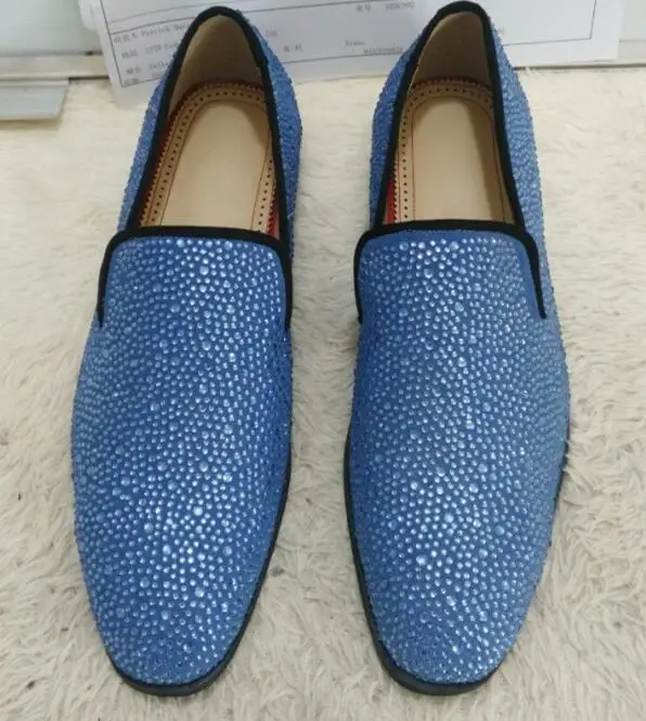 Akamatsu Rhinestone Embellished Faux Suede Men Shoes Blue Orange Crystal Loafers Slip On Bridegroom Party Wedding Leather Shoes