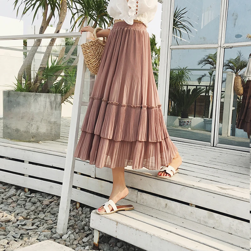 RUGOD женская элегантная тонкая каскадная юбка с оборками летняя пляжная юбка, повседневный высокий комплект пуловер+ кожаная юбка, юбка Saias