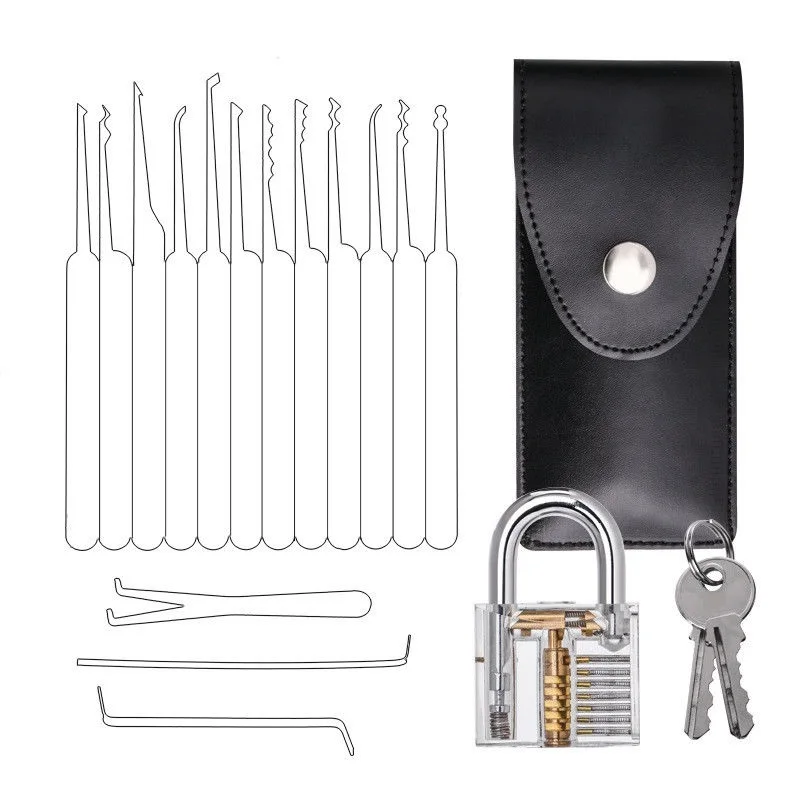 

Locksmith Hand Tools Lock Pick Set Transparent Visible Cutaway Practice Padlock With Broken Key Removing Hooks 15pcs set