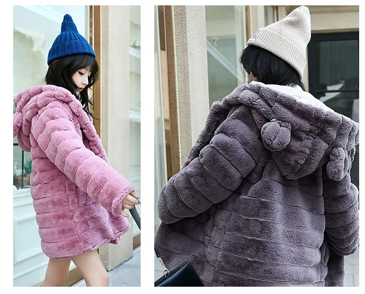 faux fur winter jackets girls hooded long cotton padded parkas fur little teens girls winter coats and jackets pink grey children  (6)