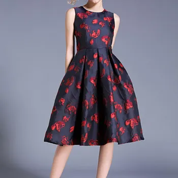 

Women Elegant Sleeveless A-line Dress Vintage Jacquard Party Dress Casual Big Swing Work Dress