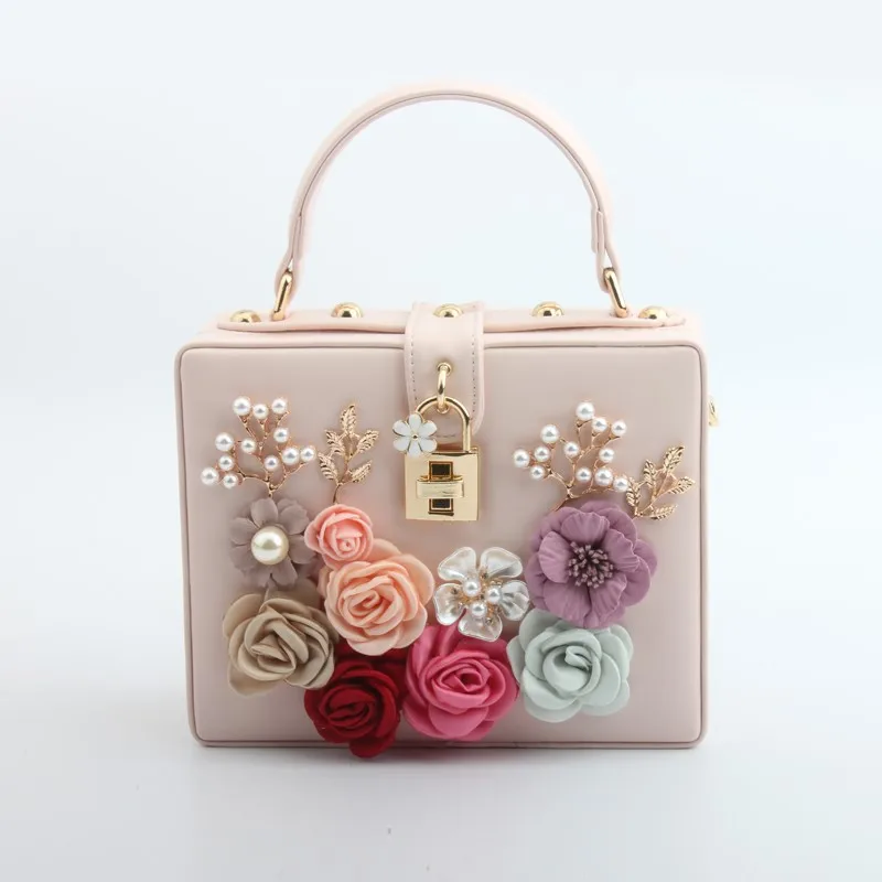 

Caker Brand 2018 Women Handbag Fashion Beaded Flower PU Leather Evening Bags Pink White Red Black Blue Chain Bags