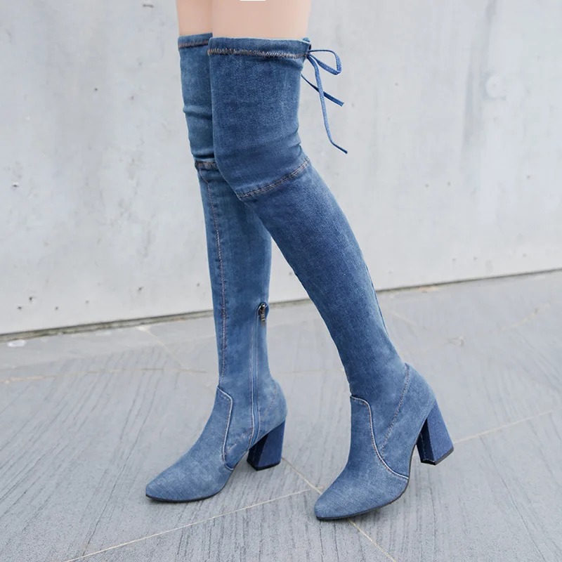 Med genou pu Bout Élastique Longues Pour En Bleu Femmes the De Hiver Chaussures Ciel Over Carré Jean Bottes Pointu Talon Bande Denim Automne Solide lKc1JTF