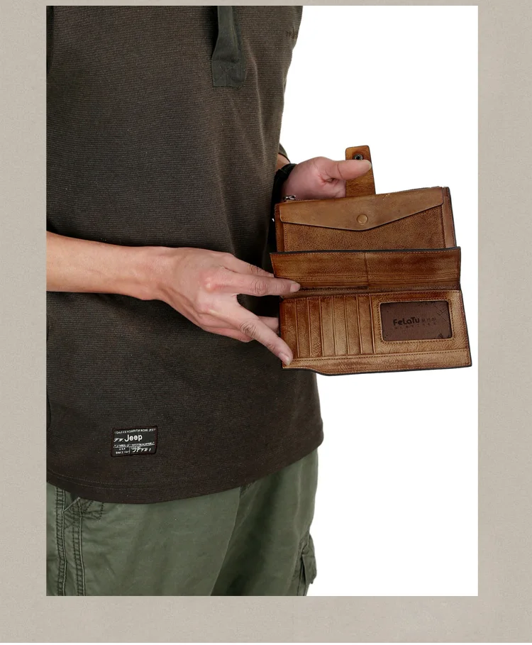 Men Vintage Genuine Leather Purses Male Cards Organizer Cell Phone Clutch Bags New Design Boy Long Coffee Coin Wallets 1618