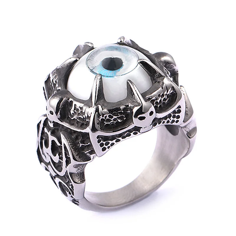 

New Punk Blue Evil Eye Men's Ring Stainless Steel Claw Finger Ring Male Cocktail Party Jewelry Accessories All Saints' Day Gift