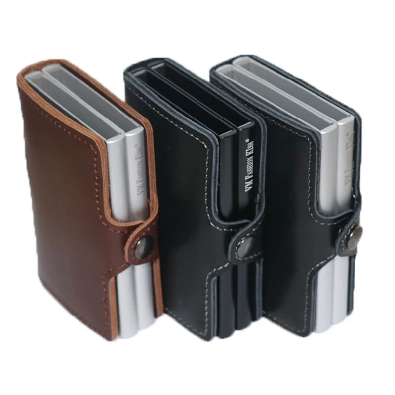 VM FASHION KISS Genuine Leather Double Aluminum Box RFID Safe Card Wallet Credit Card Information Anti-theft Brush Card Holder