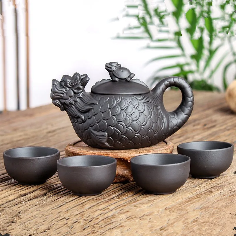 

Yixing Dragon Teapot Set Handmade Purple Clay Tea Pot With 4pcs Tea Cup Kung Fu Teapot Chinese Tea Ceremony