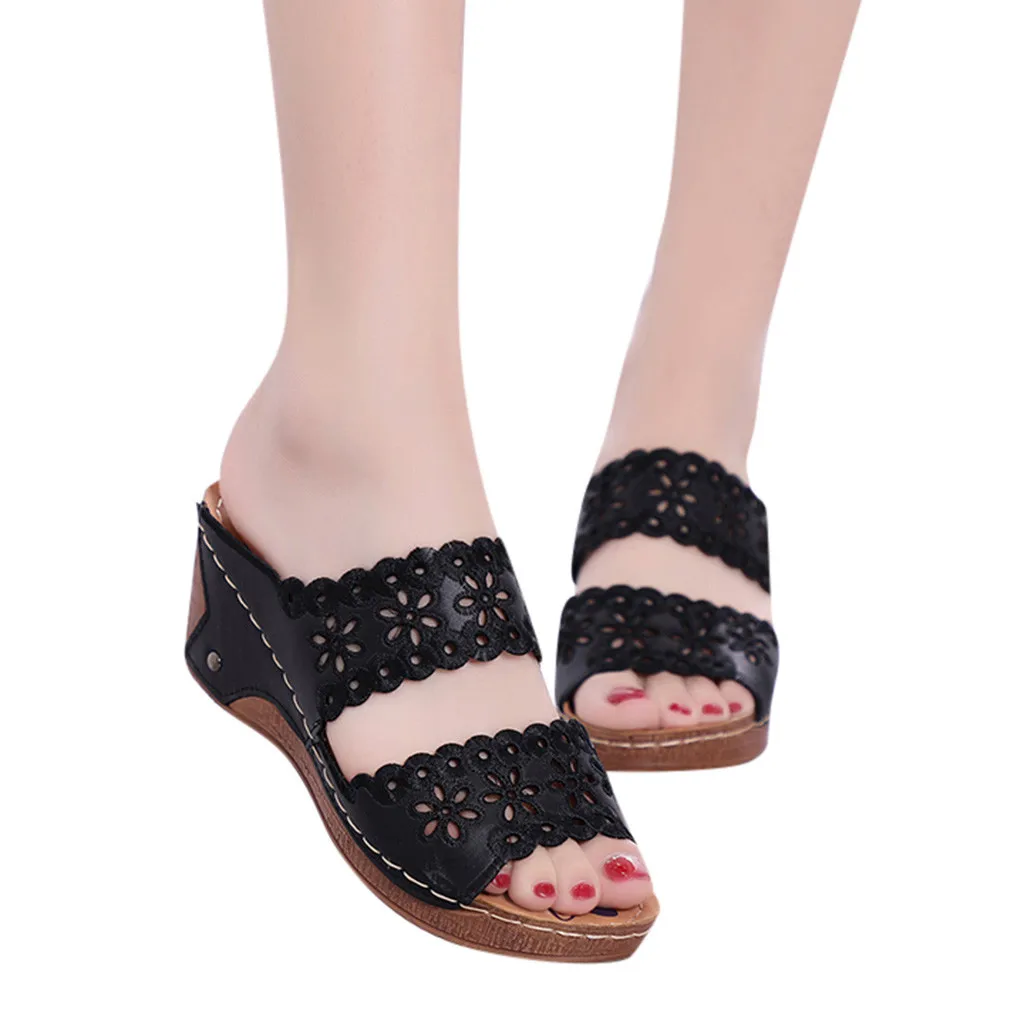 

YOUYEDIAN Women's Fashion Slippers Ladies Wedge Round Toe Casual Hollow Out High Heels Thick Platforms Shoes Slippers #G3