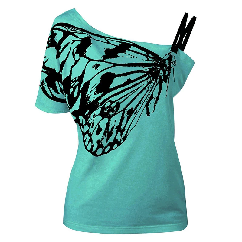 Сексуальная одно плечо Для женщин футболка перекос шеи с принтом бабочки короткий рукав хороший летний Повседневное уличная дамы Футболки 3XL 8L1384