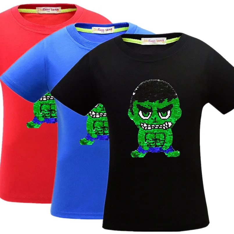 

Avengers iron Man boys clothes baby girls cotton T-shirt minecraft summer t shirt Clothing kids Hulk Two-sided sequins costume