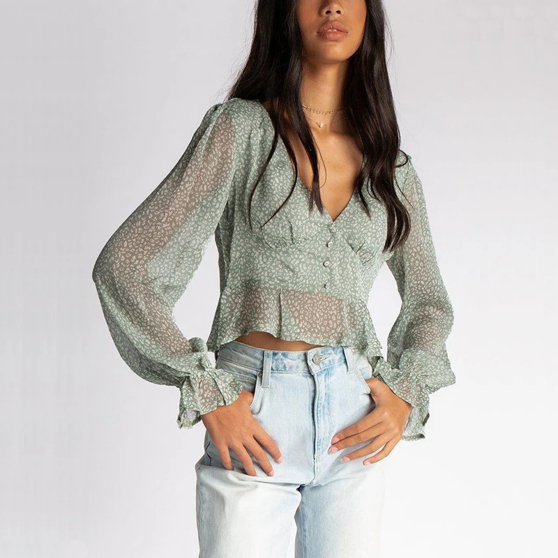 

Shirt printing female summer casual V-neck long-sleeved shirt buttons decorative