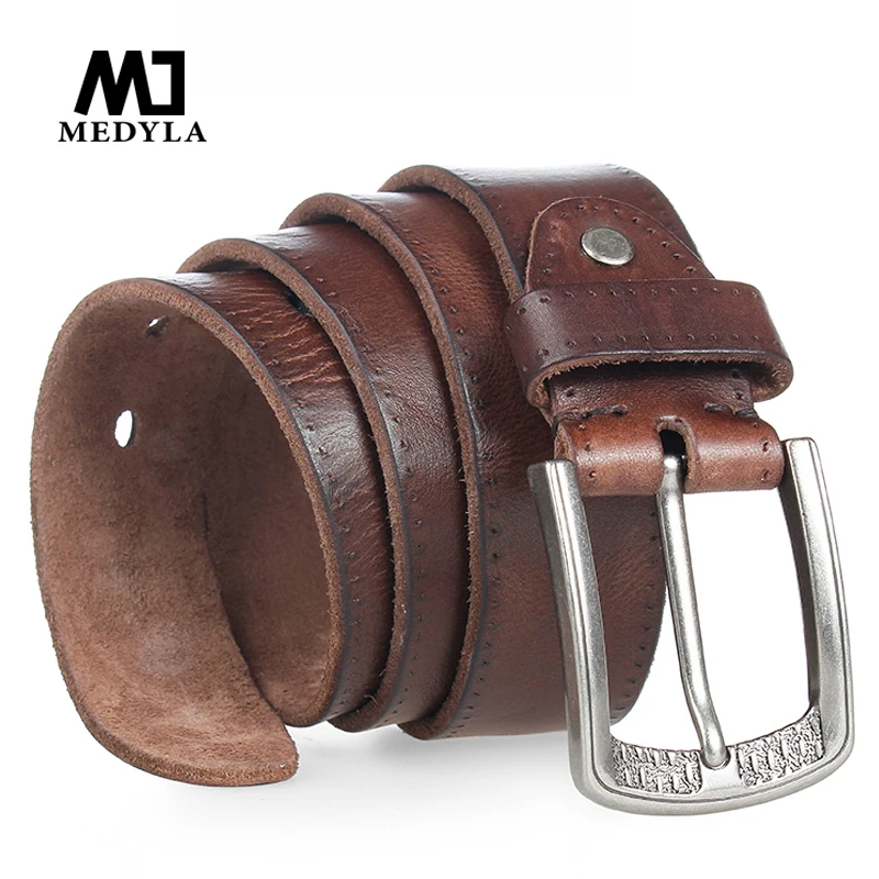 

MEDYLA Men Belt 100% Cowhide Alloy Pin Buckle Blue Color Personality Choice Cowhide Male Strap Jeans Waistband Gift