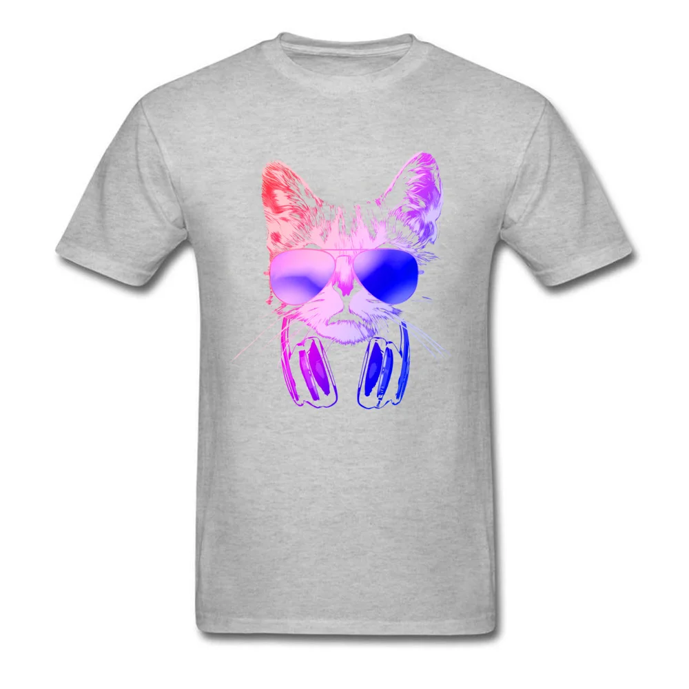 Adult 2018 Tops Shirt Crew Neck Mother Day 100% Cotton Fabric T Shirt Casual Short Sleeve Cool Neon DJ Cat Clothing Shirt Cool Neon DJ Cat grey