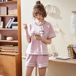 Шорты, пижамы, Женская Хлопковая пижама, топ с короткими рукавами, комплект из 2 предметов, плюс размер, ночная рубашка, летняя Домашняя