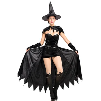 

New Halloween COS Nifty Black Cat Witch Uniform Party Costumes Stage Performance Hat+Gloves+Shawl+Black dress L18621110