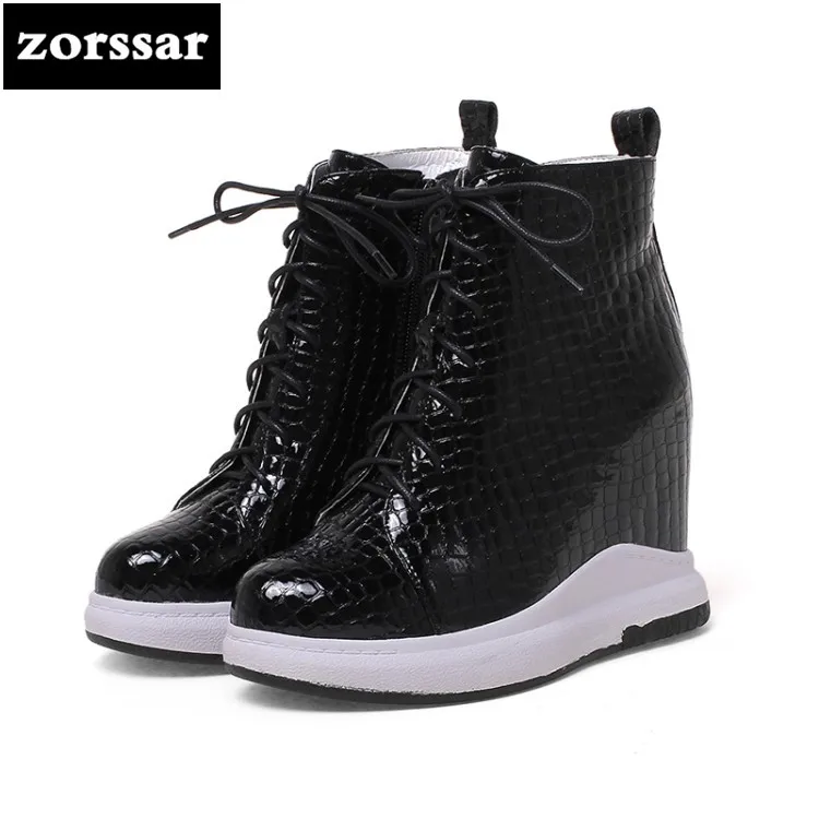 

{Zorssar} Real leather Women's shoes platform ankle boots casual height increasing women boots High heel zapatos de mujer botas