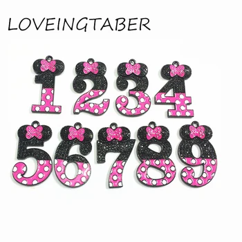 

( Choose Design First ) 10pcs/bag (Mixed Design 9pcs/bag) Black With Hotpink Enamel & Rhinestone Minnie Nubmer Pendants