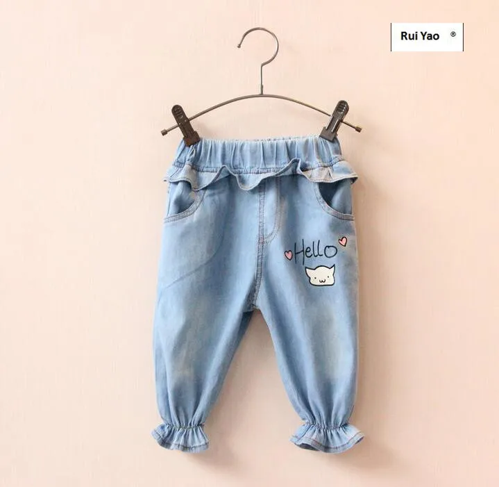 

Y1655331 Toddler Baby Pants For Girls Pants Denim Kee Length Ruffles Kids Pants Summer Casual Baby Girl Clothes Kids Clothes