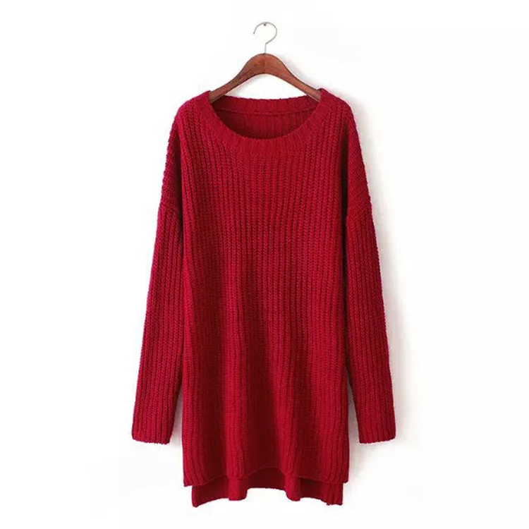 Europen Women Autumn Winter Long Pull Sweaters O neck Side Split Oversize Knitted Sweater Pullovers Fall Thick Sweaters - Цвет: WM66820 Wine red