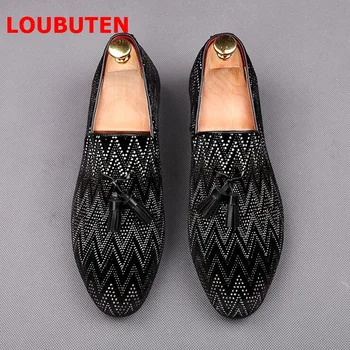

LOUBUTEN Luxury Small Rhinestone Loafers Men Black Suede Tassel Shoes Slip On Mens Dress Shoes Men's Banquet And Prom Shoes