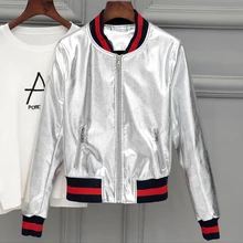 Весна Брендовая Дизайнерская обувь Для женщин кожа Бейсбол куртки золото Slim Fit женские мотоциклетные Кожаные Куртки Короткое Пальто из ПУ C420