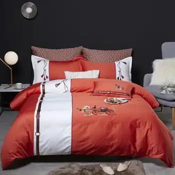 

Orange retro style Bedding Set luxury Embroidery Bed Set Queen King Size Bed Sheet Egyptian long staple cotton Duvet Cover Set