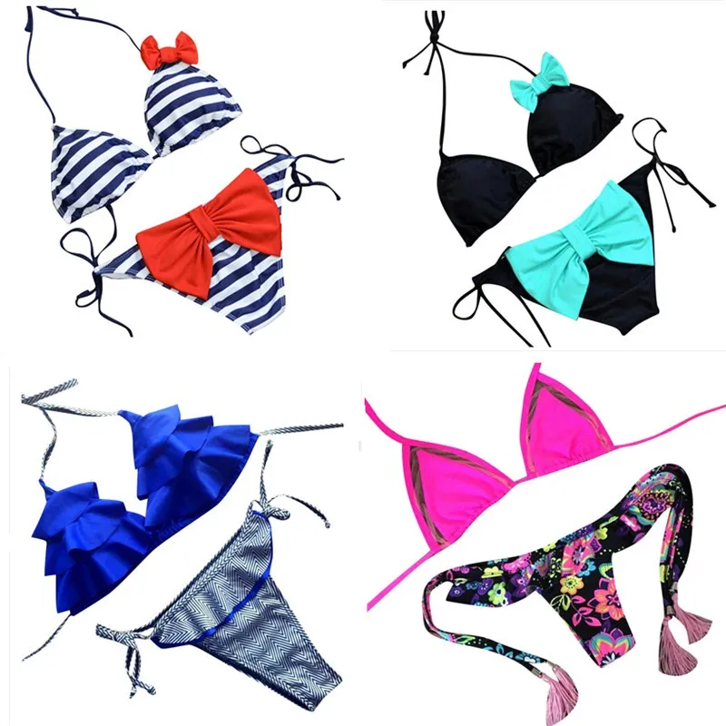

2016 Lovely Bow Side Tie Low Waist Swimsuit Bathing Suit  Halter Top Bikini Set Sexy Swimwear Women Biquini