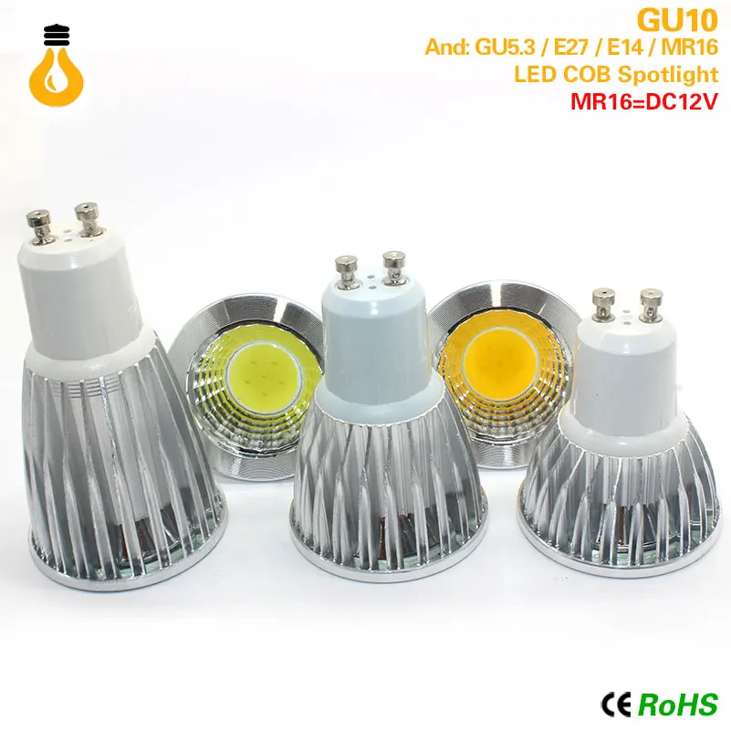 

Bombilla de foco MR16 E27 E14 GU10 GU5.3 COB regulable 7W 9W 12 W LED de alta potencia luz caliente/blanco LED lampara Downlight