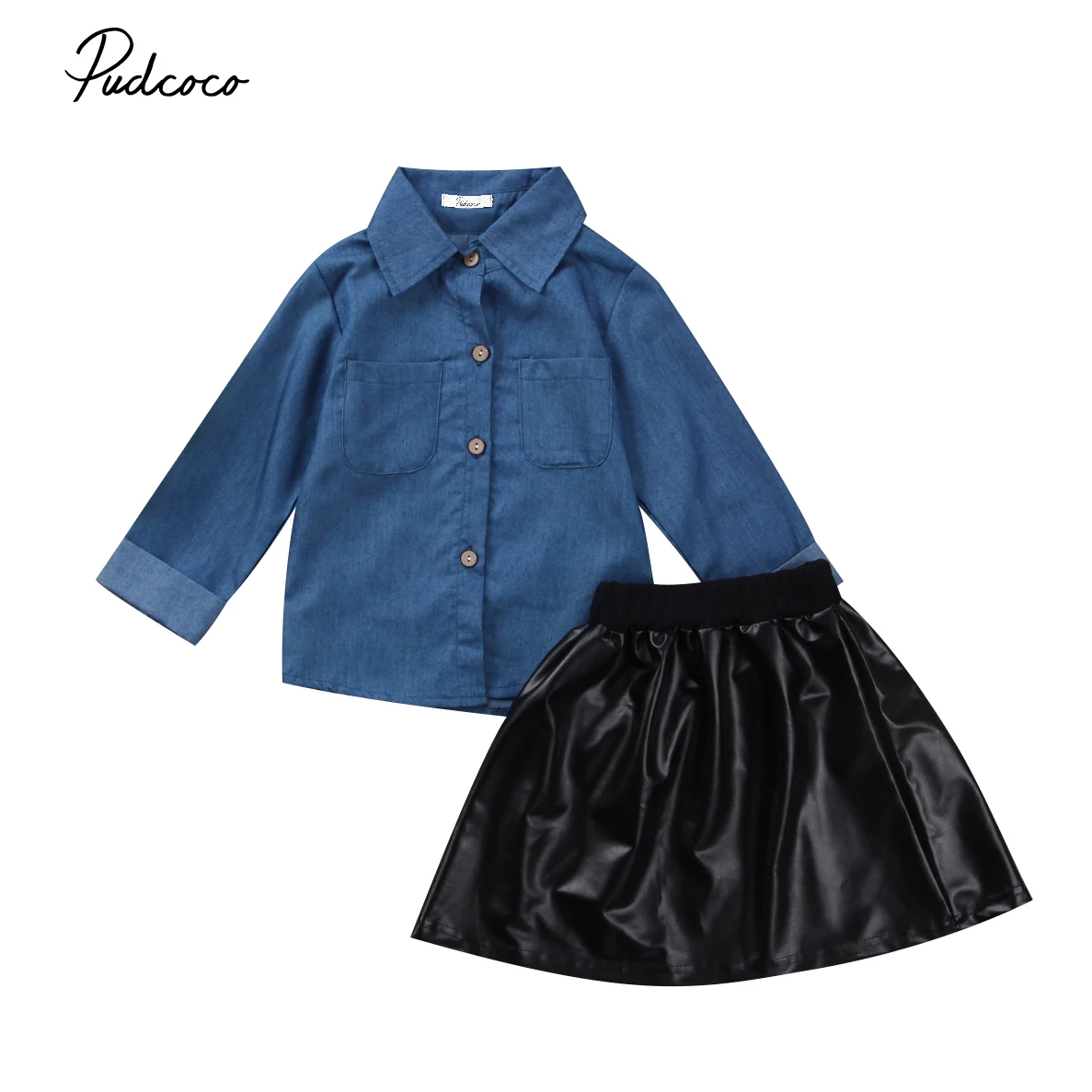 Toddler Kids Baby Girls Denim Tops Long Sleeves Shirt + Leather Tutu Skirts Fashion 2Pcs Outfits