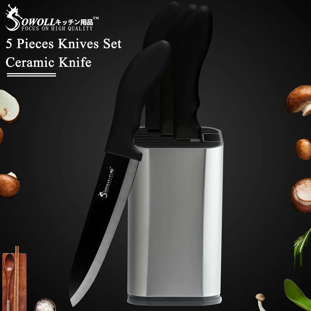 

Sowoll Ceramic Knife Kitchen Knife 3 4 5 6 inch Chef Paring Fruit Vegetable Utility Slicer Knife Holder Black Blade Cooking Tool