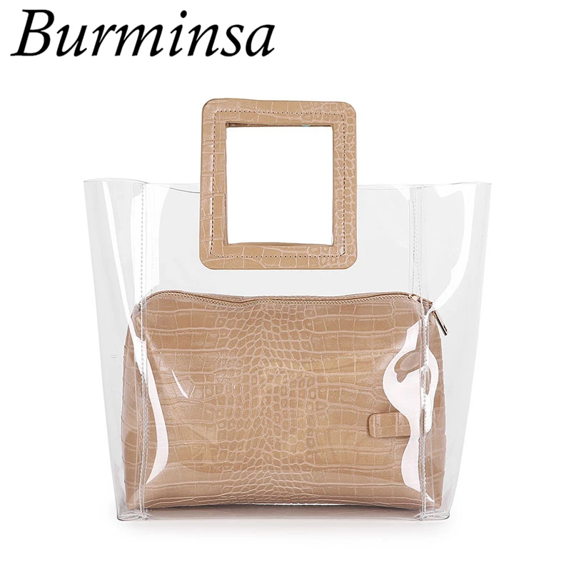 

Burminsa Summer Transparent Women Handbags Crocodile Female Clear PVC Tote Bags For Beach Holiday 2019 White Black Apricot Brown