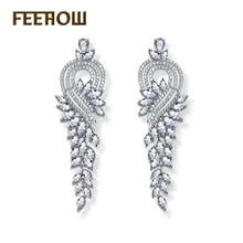 FEEROW Magnífico Diseño Marquise Forma Oro Blanco Plateado AAA + Zircon Cluster Mujeres Pendientes Largos Pendientes de Gota de Novia FWEP344