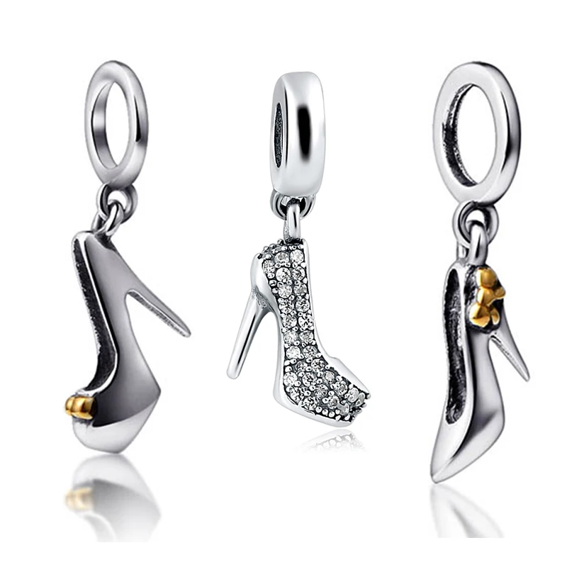 

New collection luxury high heel shoes charms with CZ 925 silver beads Fit original European Bracelet Pendant Jewelry making Gift