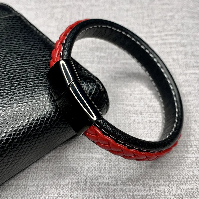 

Trendy Black Red Braided Leather Bracelet Mens Bracelets Jewelry Stainless Steel Magnetic Clasp Male Gift pulseras hombre L0008