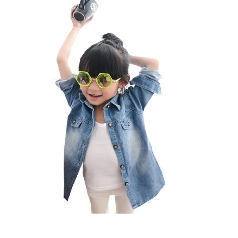 Блузка-футболка для девочек с длинными рукавами хлопок джинсовая рубашка 2017