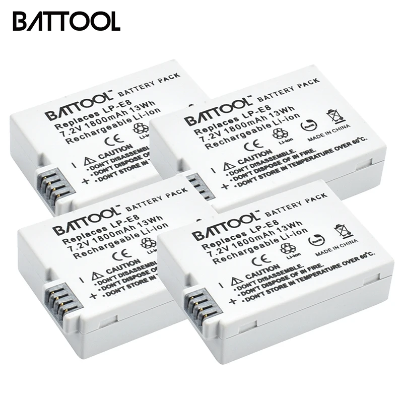 Battool 4 шт 7,2 V 1800 мА/ч, LP-E8 LP E8 Батарея пакет для Canon Rebel T2i T3i T4i T5i поцелуй X4 X5 EOS 550D 600D 650D 700D